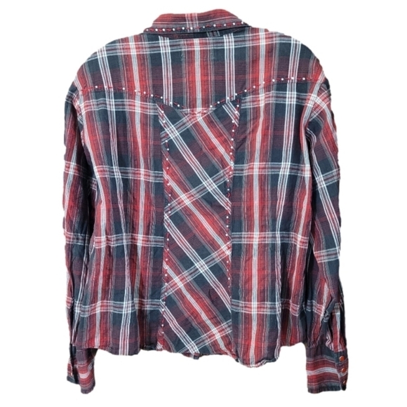Panhandle Slim red plaid snap front shirt with rhinestone metallic detail - Picture 2 of 7